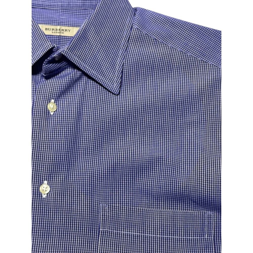 Burberry London Button-Up Dress Shirt Men's 15 Blue White Micro-Check Curved Hem - Picture 7 of 14